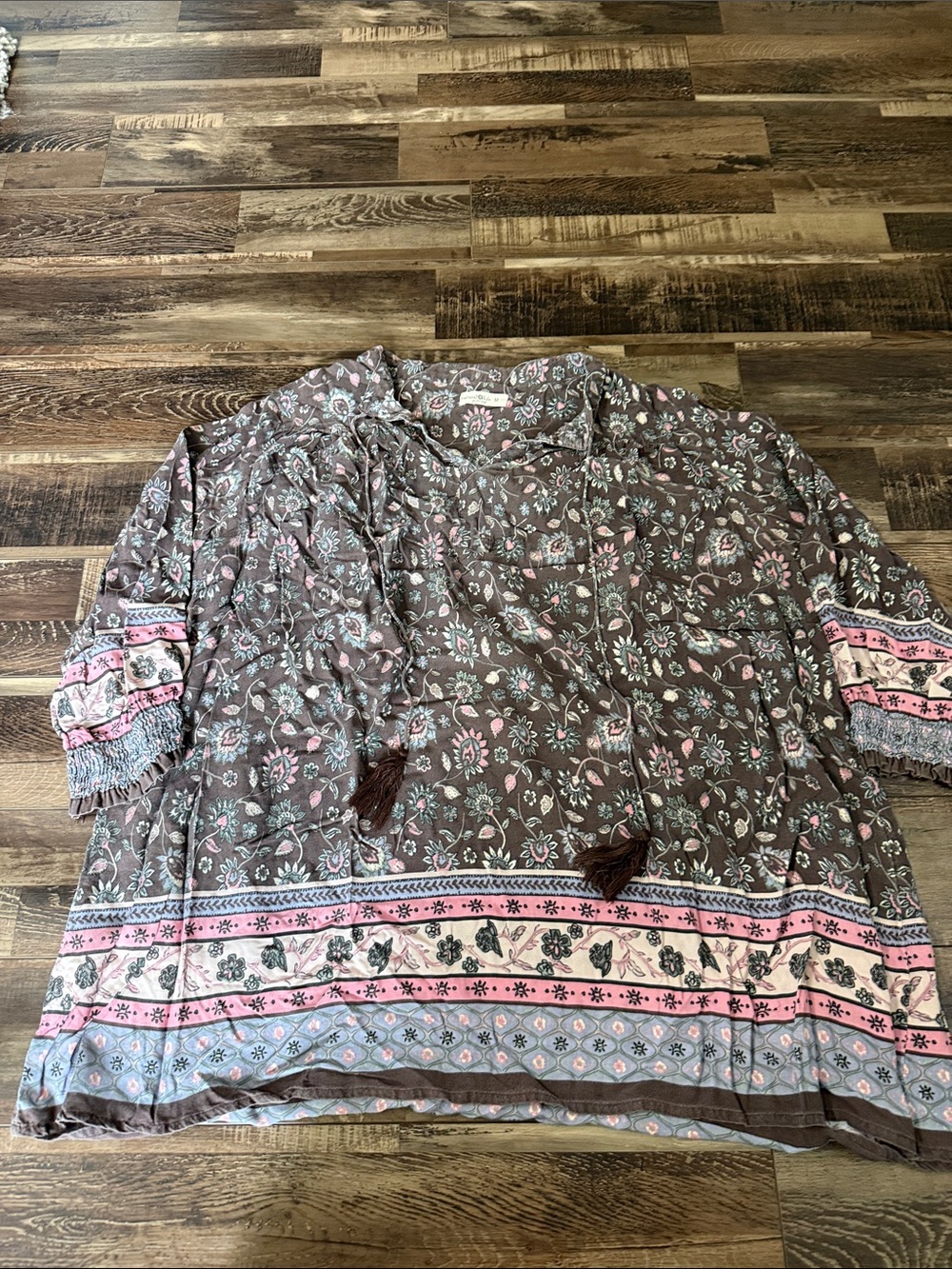 NATURAL LIFE Brown Floral Boho Tunic with Pink & Blue Trim